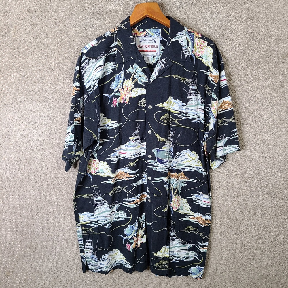 Newport Blue Shirt Mens XLT Tall Black Hawaiian Fishing Boat Marlin Cotton Rayon